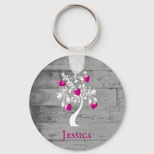 Magenta Tree of Hearts Personalized Keychain