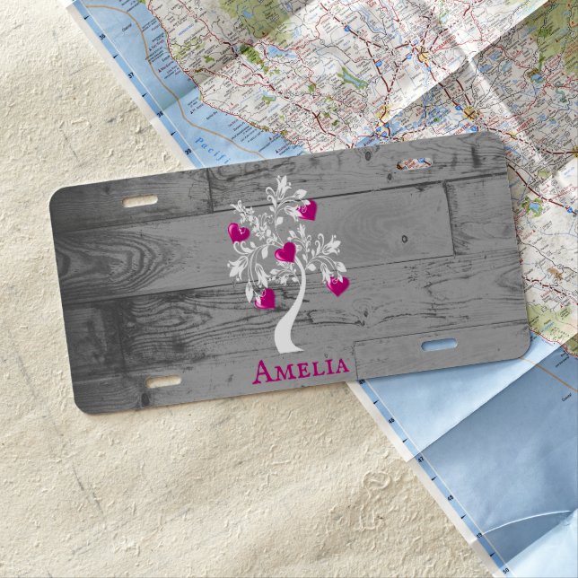 Magenta Tree of Hearts Personalized License Plate (In Situ)