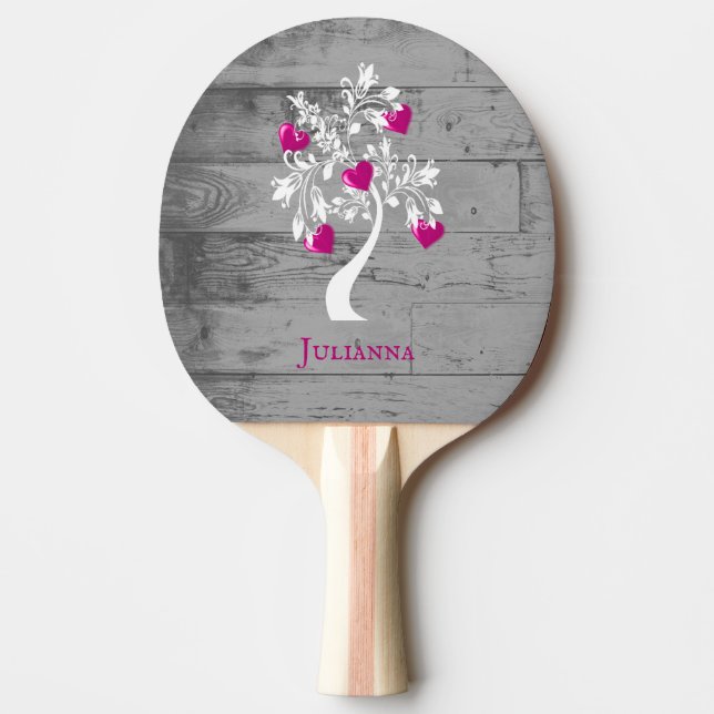 Magenta Tree of Hearts Personalized Ping Pong Paddle (Front)
