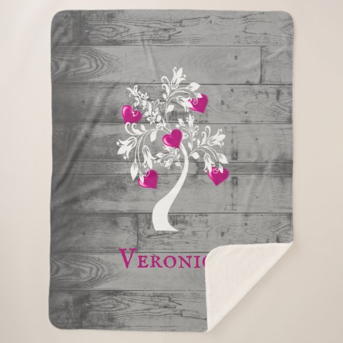 Magenta Tree of Hearts Personalized Sherpa Blanket