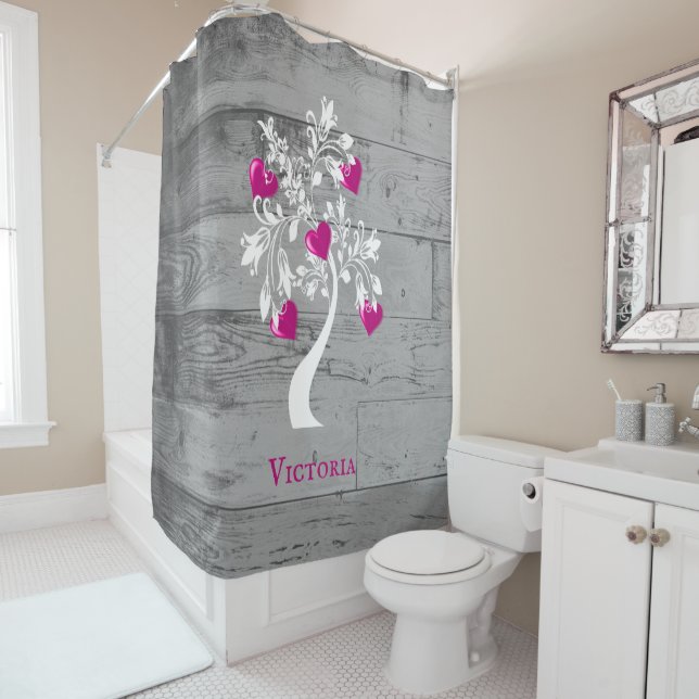 Magenta Tree of Hearts Personalized Shower Curtain (In Situ)