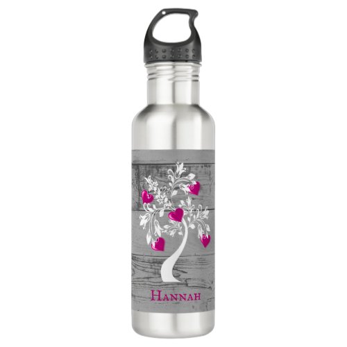 Magenta Tree of Hearts Personalized Stainless Steel Water Bottle