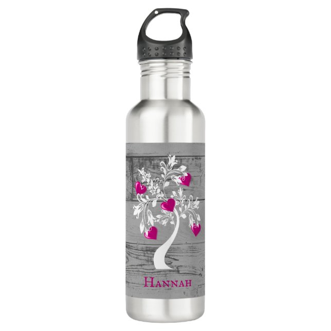 Magenta Tree of Hearts Personalized Stainless Steel Water Bottle (Front)