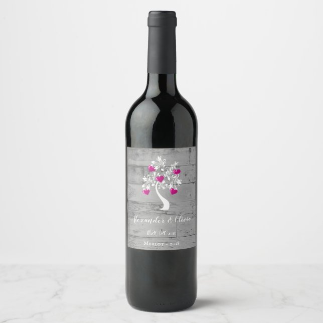 Magenta Tree of Hearts Wedding Wine Label (Front)