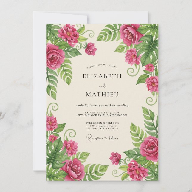 Magenta Tropical Botanical Summer Wedding Invitation (Front)