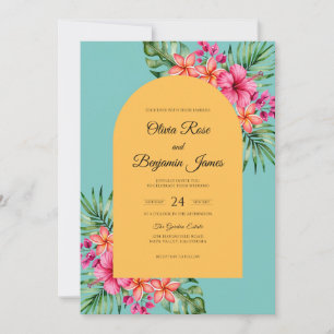 Magenta Tropical Hibiscus Eucalyptus Wedding Invitation