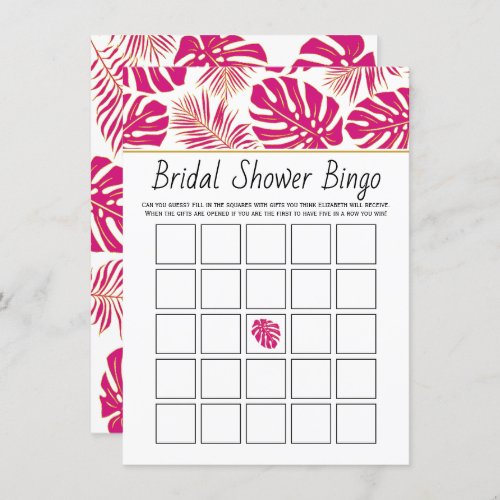 Magenta tropical leaves bridal bingo game card