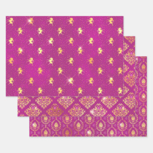 Magenta Unicorn & Gold Damask Pattern Wrapping Paper Sheets