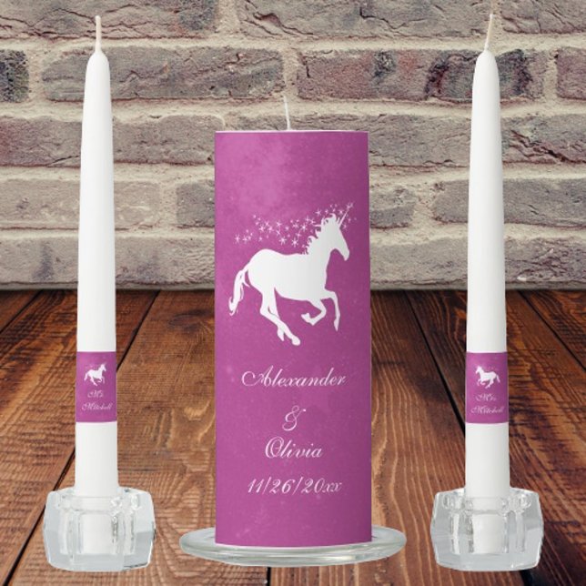 Magenta Unicorn Unity Candle Set (Magenta Unicorn Wedding Unity Candle Set)