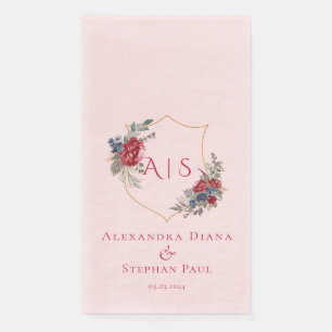 Magenta Vintage Botanical Floral Crest Monogram Paper Guest Towels