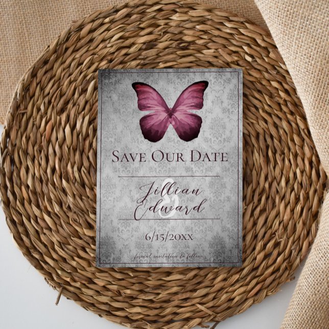 Magenta Vintage Butterfly Damask Save the Date Announcement (Magenta Vintage Butterfly Damask Save the Date)