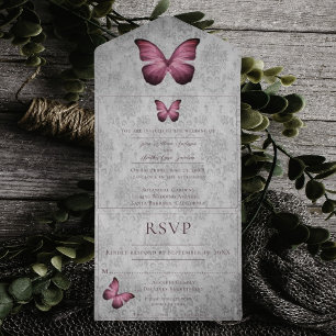 Magenta Vintage Butterfly Damask Wedding All In One Invitation