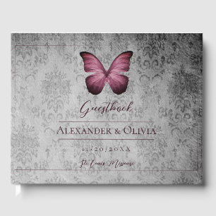 Magenta Vintage Butterfly Damask Wedding Guest Book