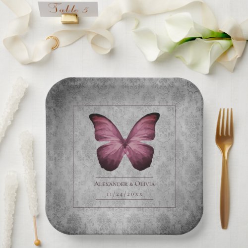 Magenta Vintage Butterfly Damask Wedding Paper Plates