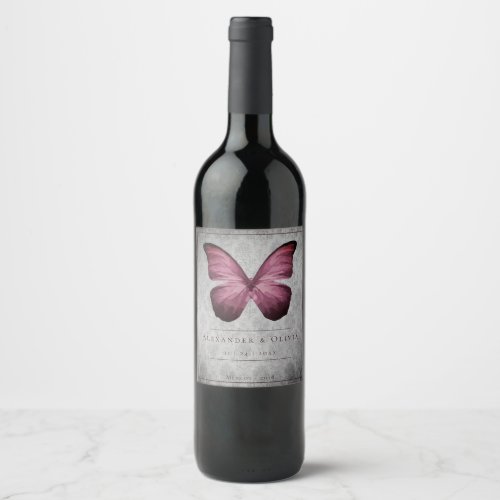 Magenta Vintage Butterfly Damask Wedding Wine Label