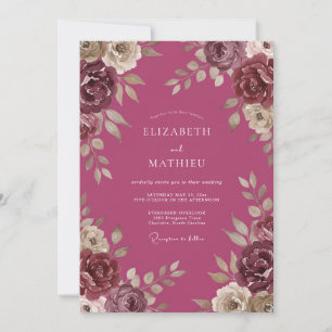Magenta Vintage Flower Eucalyptus Wedding Invitation
