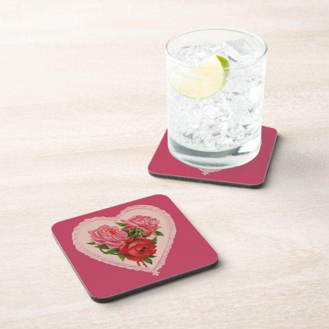 Magenta Vintage Rose Heart Valentine Beverage Coaster (Right Side)