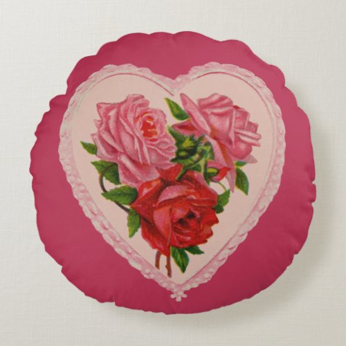 Magenta Vintage Rose Heart Valentine Round Pillow