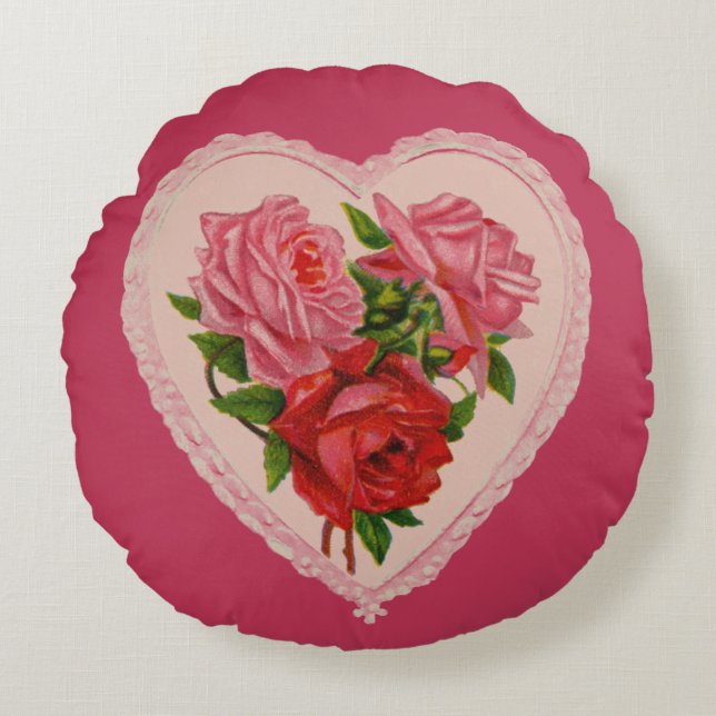 Magenta Vintage Rose Heart Valentine Round Pillow (Front)