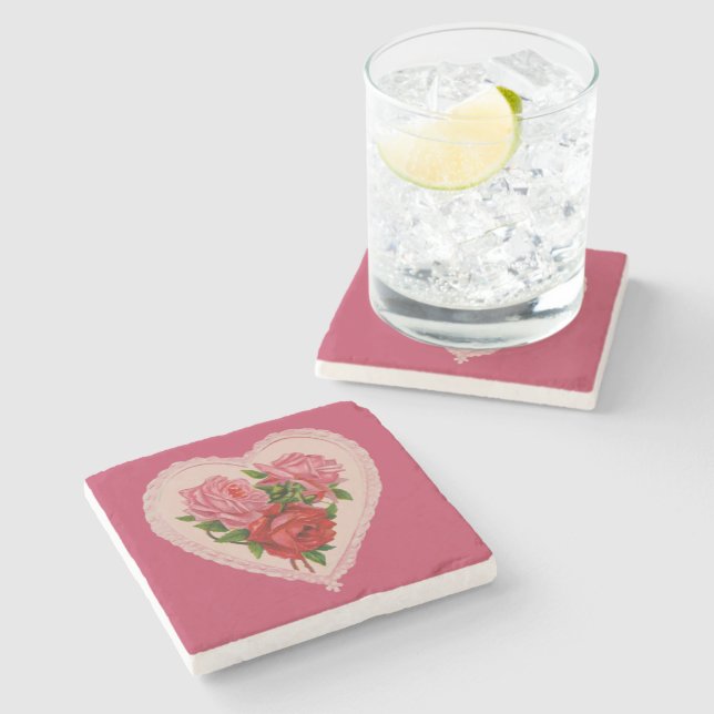 Magenta Vintage Rose Heart Valentine Stone Coaster (Side)