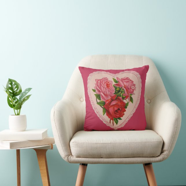 Magenta Vintage Rose Heart Valentine Throw Pillow (Chair)