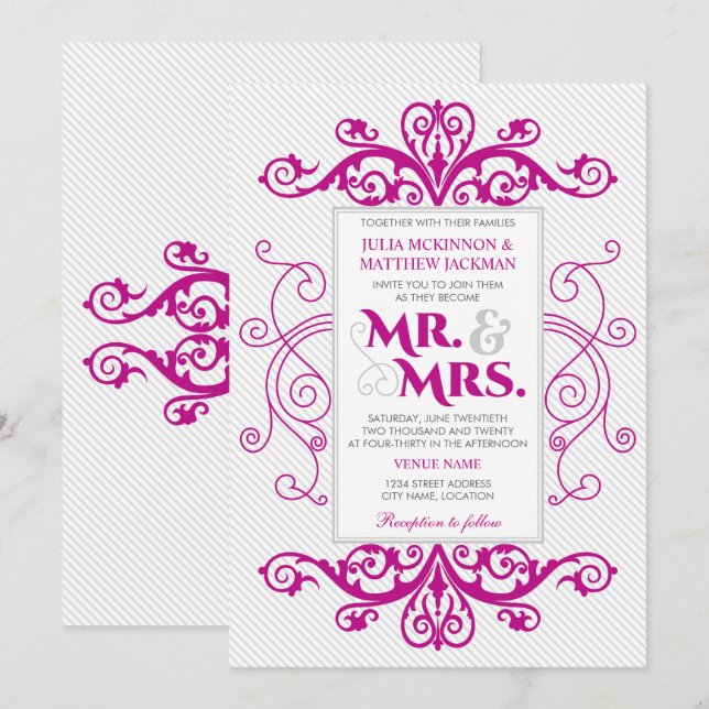 Magenta Vintage Swirls Mr. and Mrs. Wedding Invitation (Front/Back)