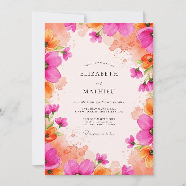 Magenta Vivid Watercolor Wedding Invitation (Front)
