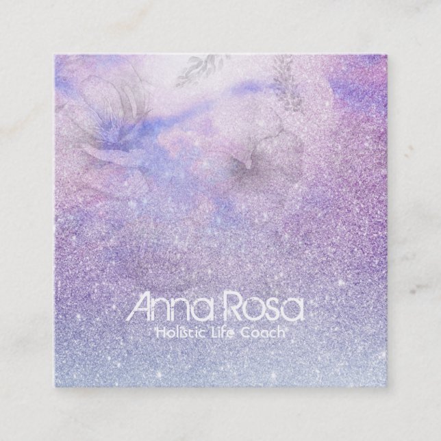*~* Magenta Watercolor Floral Glitter Lavender Square Business Card (Front)