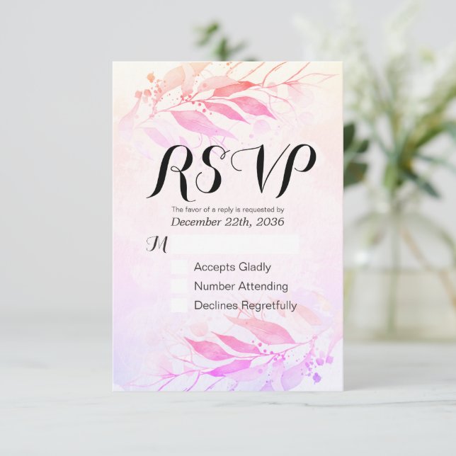 Magenta Watercolor Leaf Wedding RSVP Kindly Reply (Standing Front)