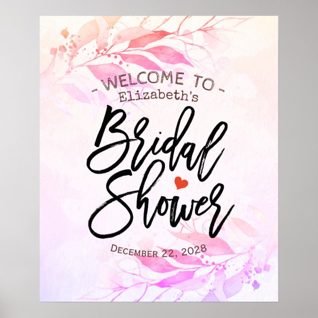 Magenta Watercolor Leaves Bridal Shower Welcome Po Poster (Front)