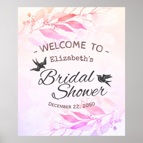 Magenta Watercolor Leaves Bridal Shower Welcome Po Poster