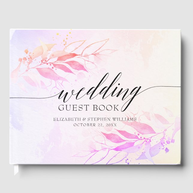 Magenta Watercolor Leaves Floral Wedding Guestbook (Front)