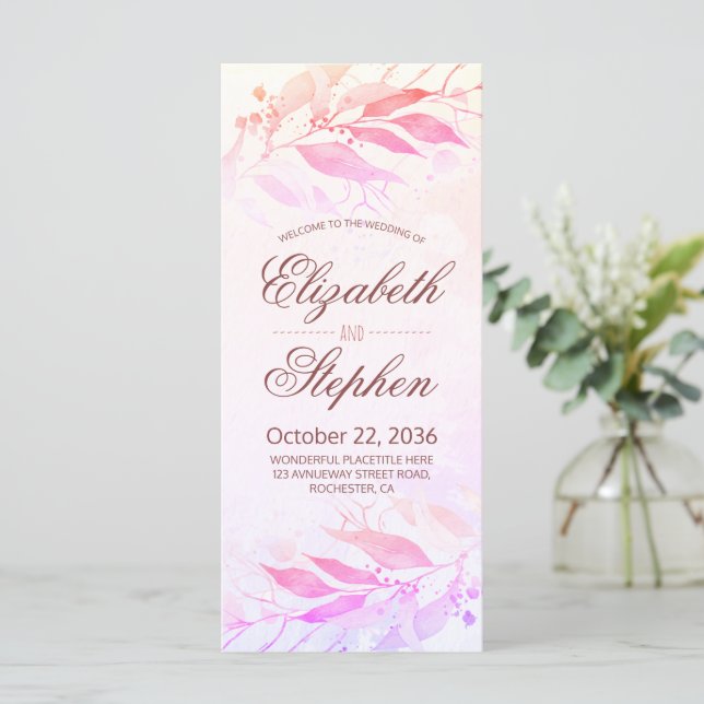 Magenta Watercolor Leaves Floral Wedding Programs (Standing Front)