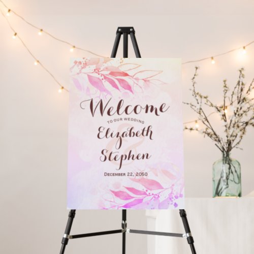 Magenta Watercolor Leaves Flowers Wedding Welcome  Foam Board