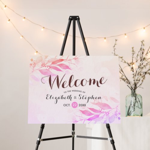 Magenta Watercolor Leaves Flowers Wedding Welcome  Foam Board