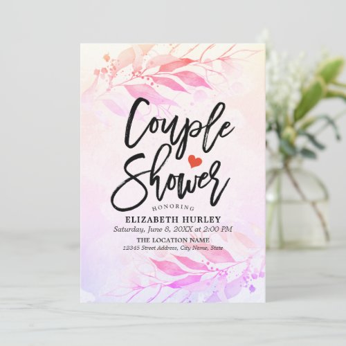 Magenta Watercolor Leaves Wedding Couple Shower Invitation