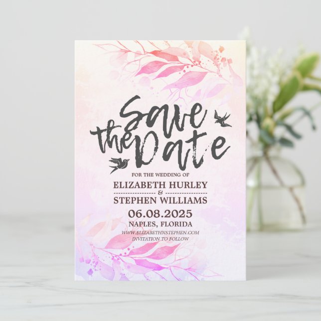 Magenta Watercolor Leaves Wedding Save The Date (Standing Front)