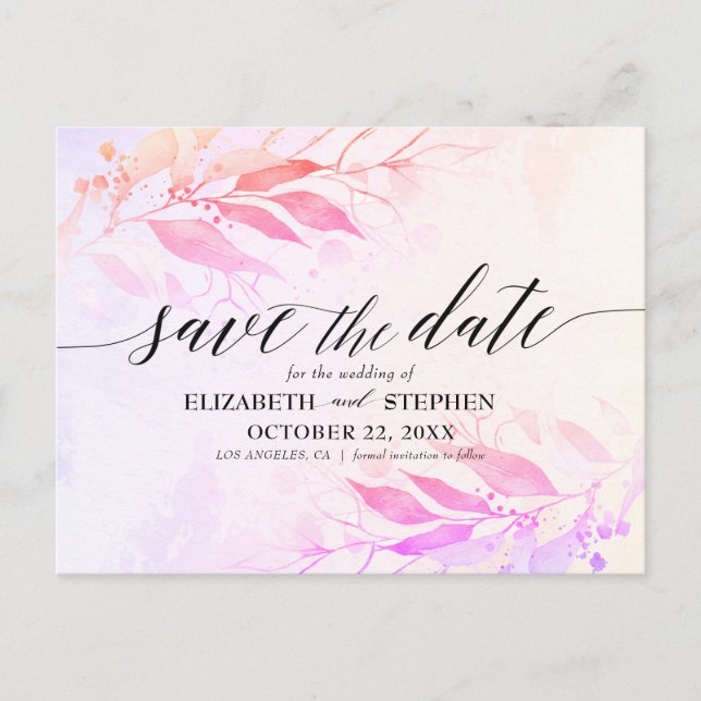 Magenta Watercolor Leaves Wedding Save The Date Postcard (Front)