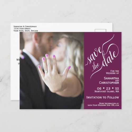 Magenta Wedding Save the Date Photo  Calligraphy Announcement Postcard