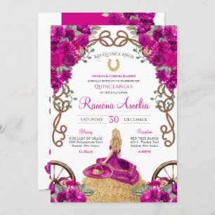 Magenta Western Charro Hot Pink Floral Quinceañera Invitation