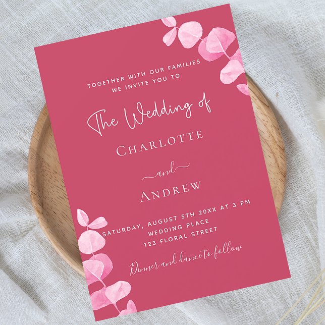 Magenta white eucalyptus luxury wedding invitation (Creator Uploaded)