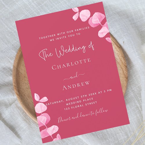 Magenta white eucalyptus wedding invitation