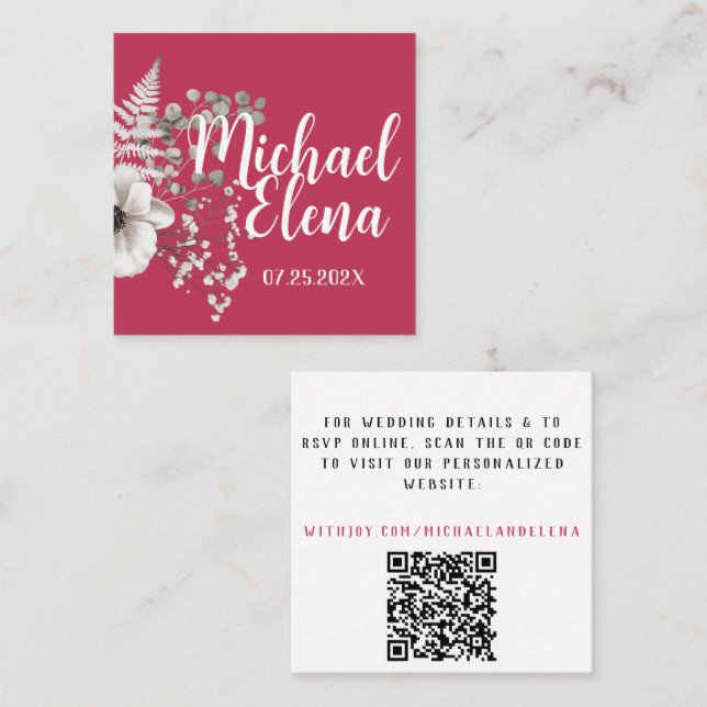 Magenta & White Floral Wedding Details QR Code Square Business Card (Front/Back)