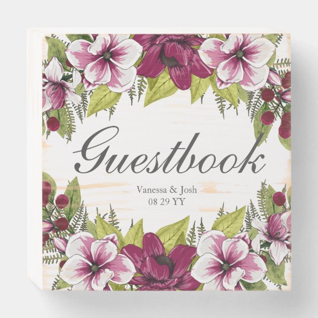 Magenta White Florals Green Botanicals Guestbook Wooden Box Sign (Front Horizontal)