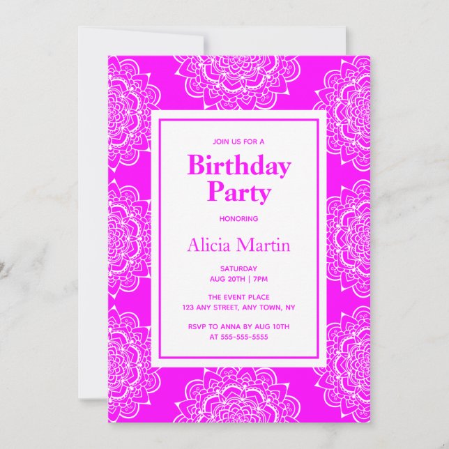 Magenta & White Mandala Flower Birthday Party Invitation (Front)