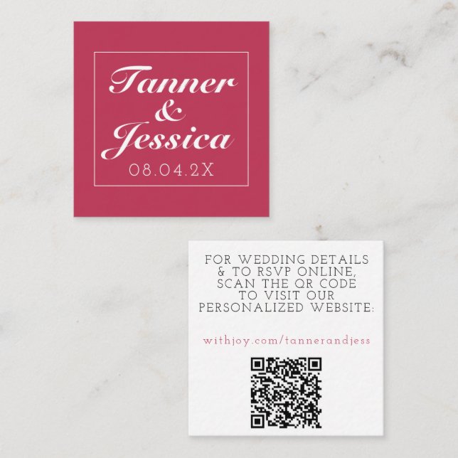 Magenta & White Minimalist Wedding Details QR Code Square Business Card (Front/Back)