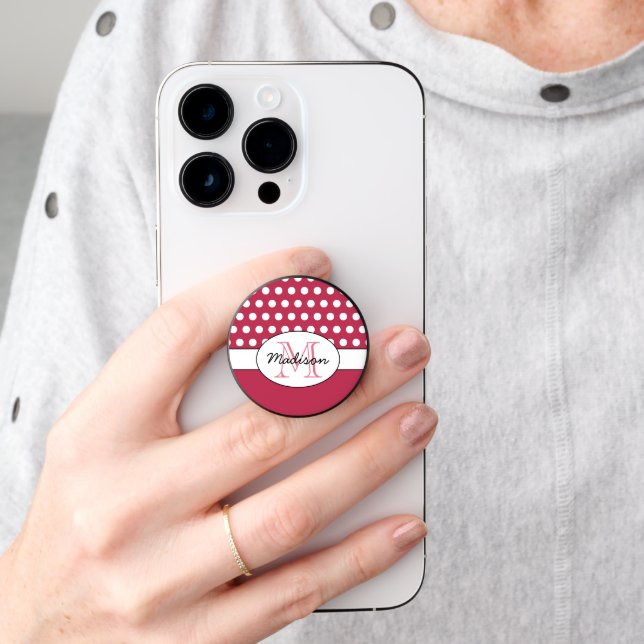 Magenta White polka dot retro pattern Monogram PopSocket (Hand)