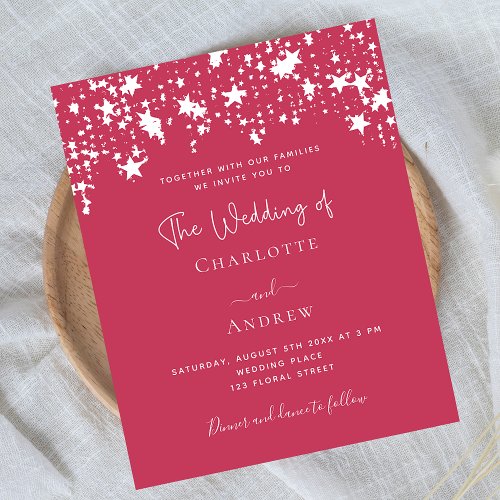 Magenta white stars budget wedding invitation