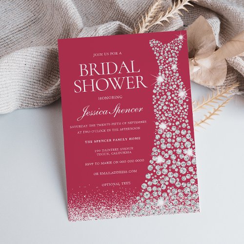 Magenta  White Wedding Dress Bridal Shower Invitation