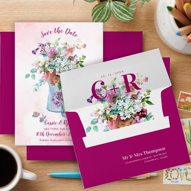  Magenta Wildflower Floral Monogram Custom Wedding Envelope (Magenta Wildflower Floral Monogram Custom Wedding Envelope)